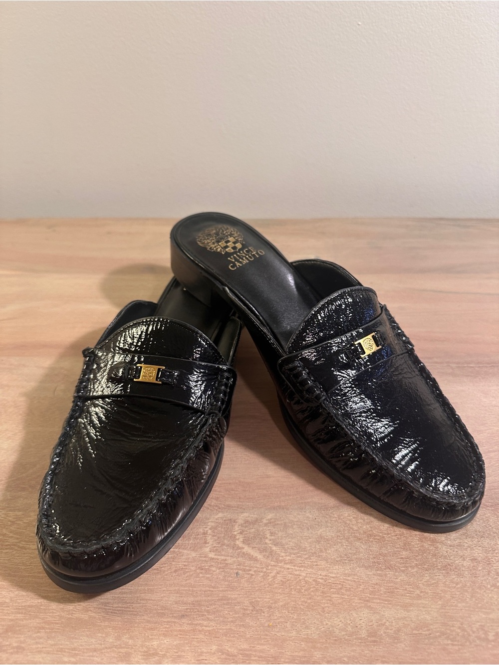 Vince Camuto Black Patent Leather Slip-On Mules with Gold Hardware 8.5
